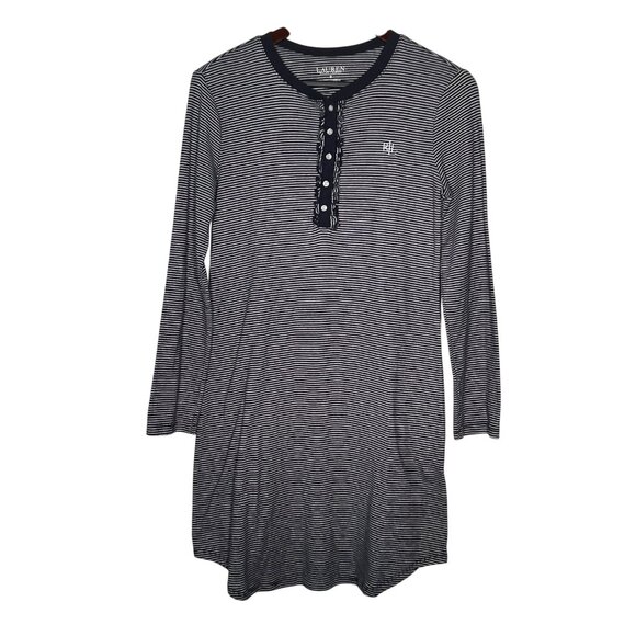 Ralph Lauren Nightgown M Navy Blue White Stripe Long Sleeve Sleep SKYKH 813938T - Picture 1 of 15